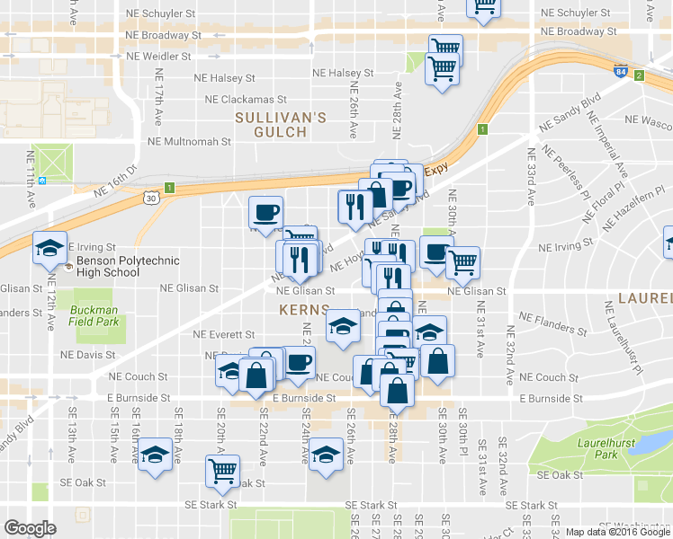 map of restaurants, bars, coffee shops, grocery stores, and more near 2525 Northeast Glisan Street in Portland