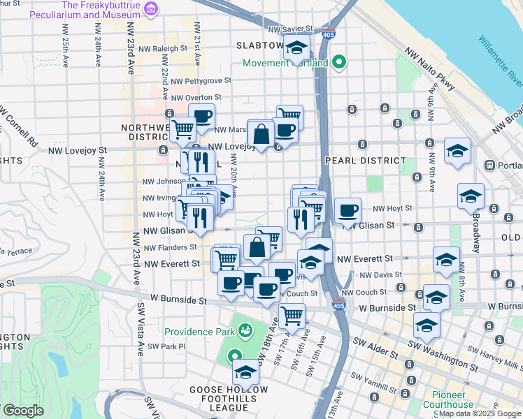map of restaurants, bars, coffee shops, grocery stores, and more near 2033 Northeast Glisan Street in Portland