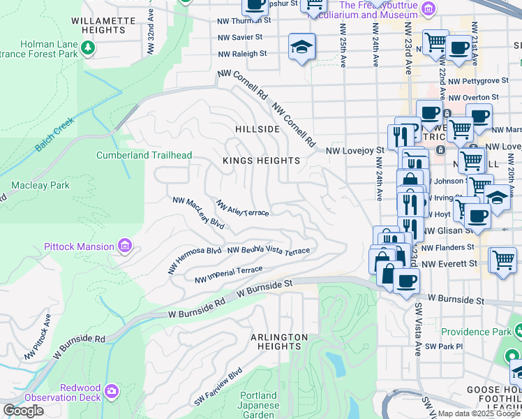 map of restaurants, bars, coffee shops, grocery stores, and more near 424 Northwest Macleay Boulevard in Portland