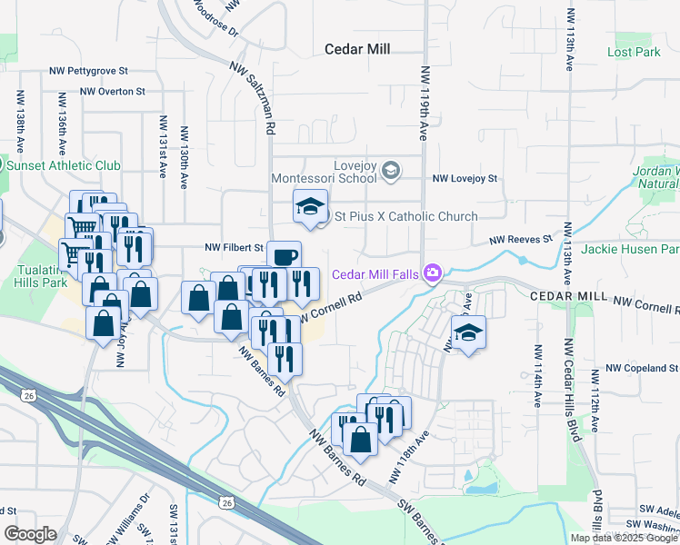 map of restaurants, bars, coffee shops, grocery stores, and more near 12275 Northwest Cornell Road in Portland