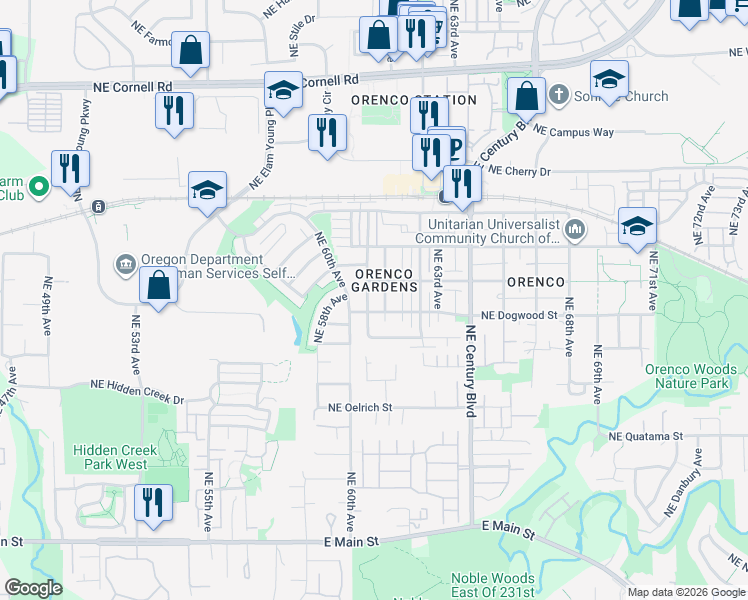 map of restaurants, bars, coffee shops, grocery stores, and more near 484 Northeast Caden Avenue in Hillsboro