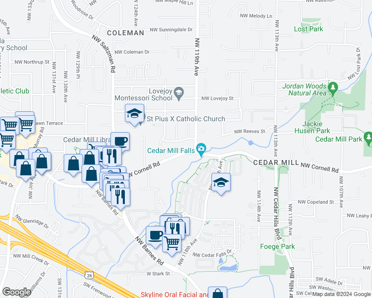 map of restaurants, bars, coffee shops, grocery stores, and more near 12231 Northwest Cornell Road in Portland