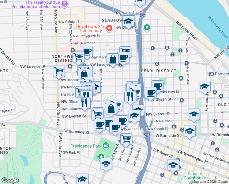map of restaurants, bars, coffee shops, grocery stores, and more near 2033 Northeast Glisan Street in Portland