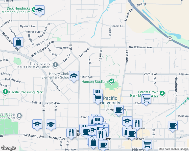 map of restaurants, bars, coffee shops, grocery stores, and more near 2508 Main Street in Forest Grove