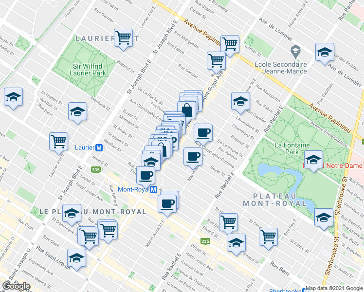 map of restaurants, bars, coffee shops, grocery stores, and more near 4467 Rue Boyer in Montréal