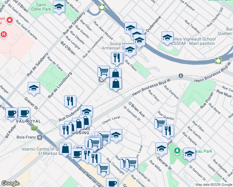 map of restaurants, bars, coffee shops, grocery stores, and more near 11650 Boulevard O'Brien in Montrã©Al