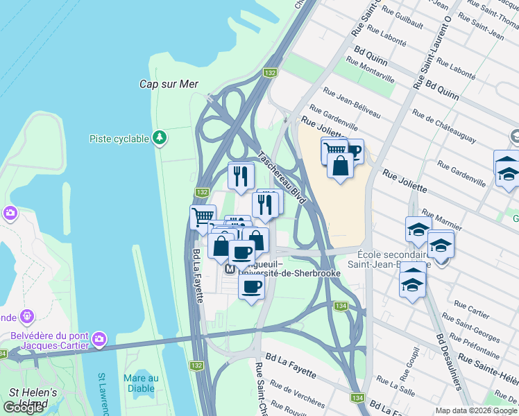 map of restaurants, bars, coffee shops, grocery stores, and more near 130 Rue de la Barre in Longueuil