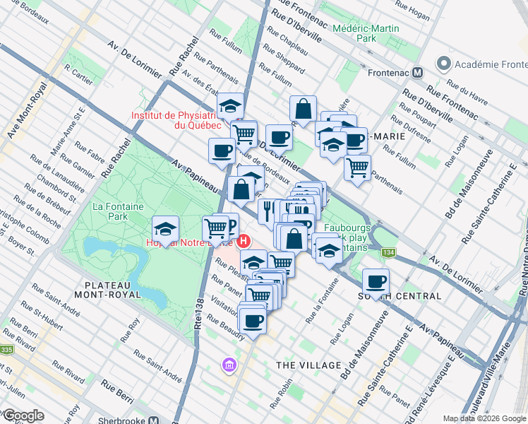 map of restaurants, bars, coffee shops, grocery stores, and more near 2095 Avenue Papineau in Montréal