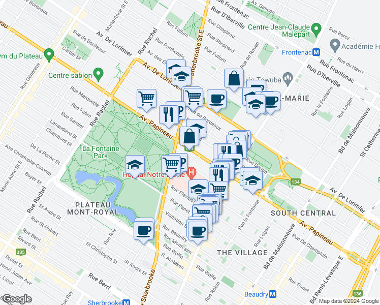 map of restaurants, bars, coffee shops, grocery stores, and more near 2250 Avenue Papineau in Montréal