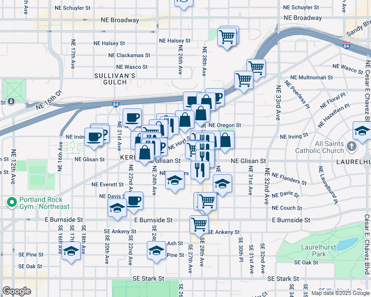 map of restaurants, bars, coffee shops, grocery stores, and more near 615 Northeast Lawrence Avenue in Portland