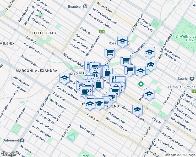 map of restaurants, bars, coffee shops, grocery stores, and more near in Montréal