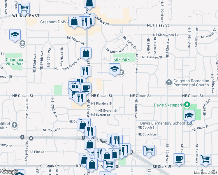 map of restaurants, bars, coffee shops, grocery stores, and more near 18427 Northeast Glisan Street in Portland