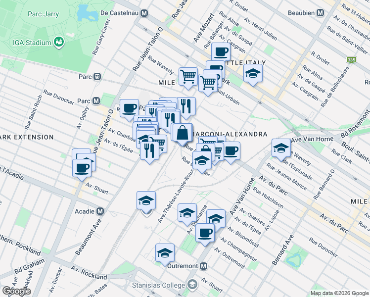 map of restaurants, bars, coffee shops, grocery stores, and more near 400 Avenue Atlantic in Montréal