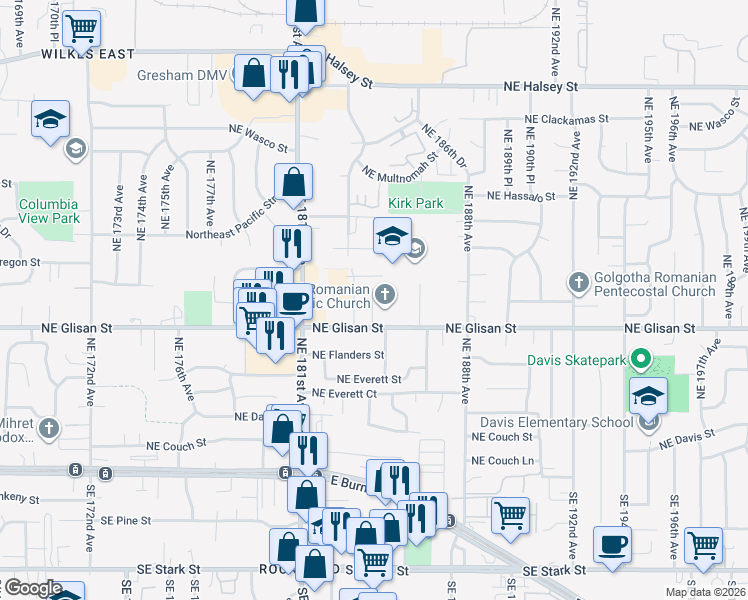 map of restaurants, bars, coffee shops, grocery stores, and more near 18345 Northeast Glisan Street in Portland