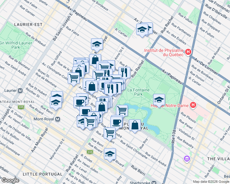 map of restaurants, bars, coffee shops, grocery stores, and more near 4220 Brebeuf Street in Montreal