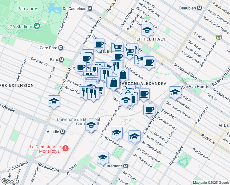 map of restaurants, bars, coffee shops, grocery stores, and more near in Montreal
