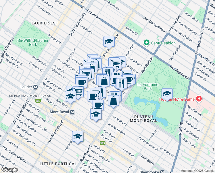 map of restaurants, bars, coffee shops, grocery stores, and more near in Montreal