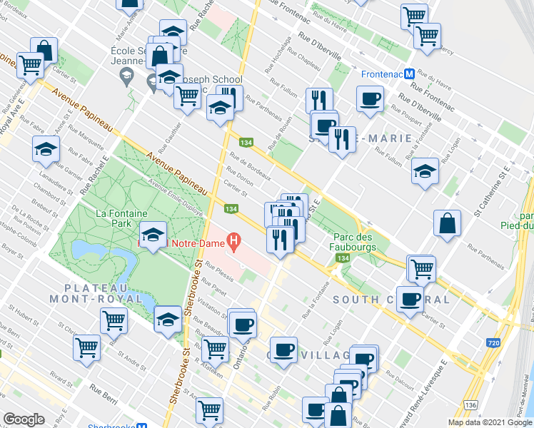 map of restaurants, bars, coffee shops, grocery stores, and more near 2150 Rue Cartier in Montréal