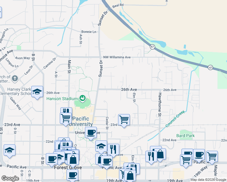 map of restaurants, bars, coffee shops, grocery stores, and more near 2555 Bourbon Street in Forest Grove