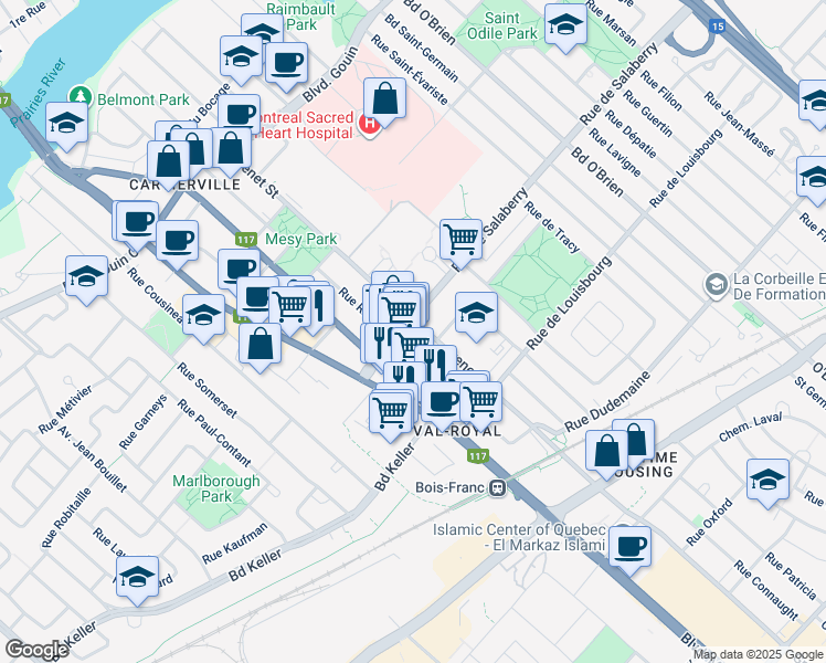 map of restaurants, bars, coffee shops, grocery stores, and more near 12002 Rue Grenet in Montréal