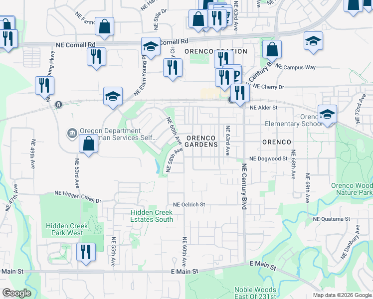 map of restaurants, bars, coffee shops, grocery stores, and more near 6053 Northeast Chestnut Street in Hillsboro