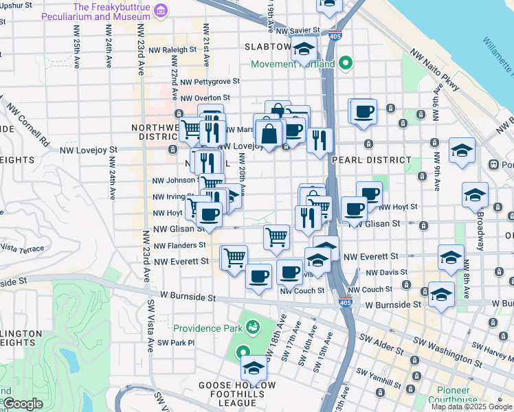 map of restaurants, bars, coffee shops, grocery stores, and more near 1955 Northwest Hoyt Street in Portland