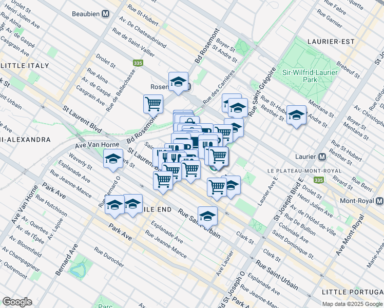 map of restaurants, bars, coffee shops, grocery stores, and more near 801-5605 Avenue de Gaspé in Montréal