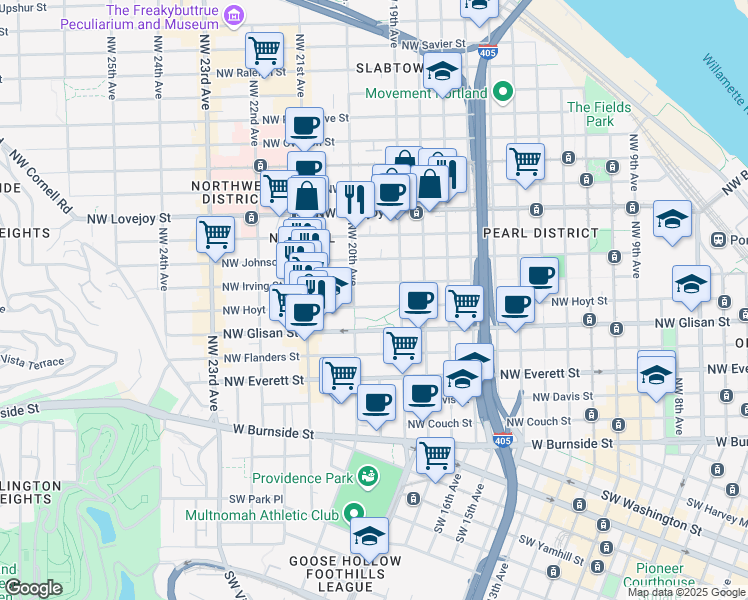 map of restaurants, bars, coffee shops, grocery stores, and more near 1955 Northwest Hoyt Street in Portland