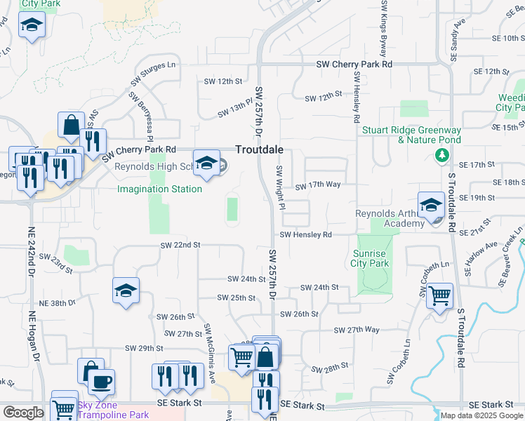 map of restaurants, bars, coffee shops, grocery stores, and more near 1024 Southwest 18th Way in Troutdale