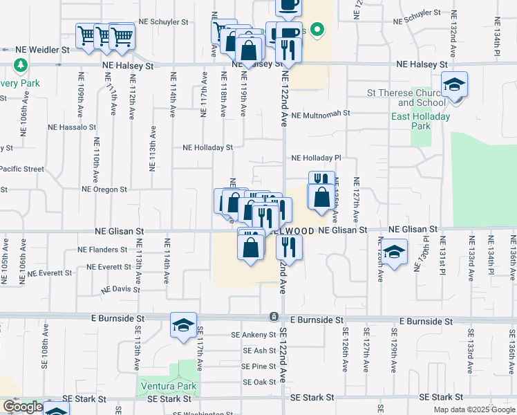map of restaurants, bars, coffee shops, grocery stores, and more near 734 Northeast 120th Avenue in Portland