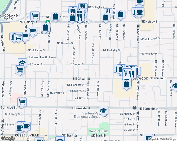 map of restaurants, bars, coffee shops, grocery stores, and more near 11214 Northeast Oregon Street in Portland