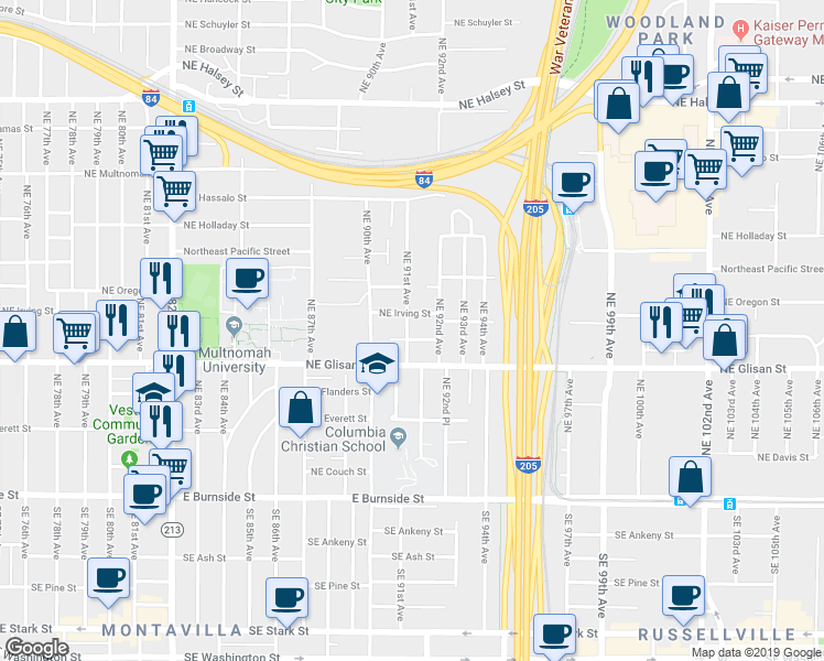 map of restaurants, bars, coffee shops, grocery stores, and more near 9117 Northeast Irving Street in Portland