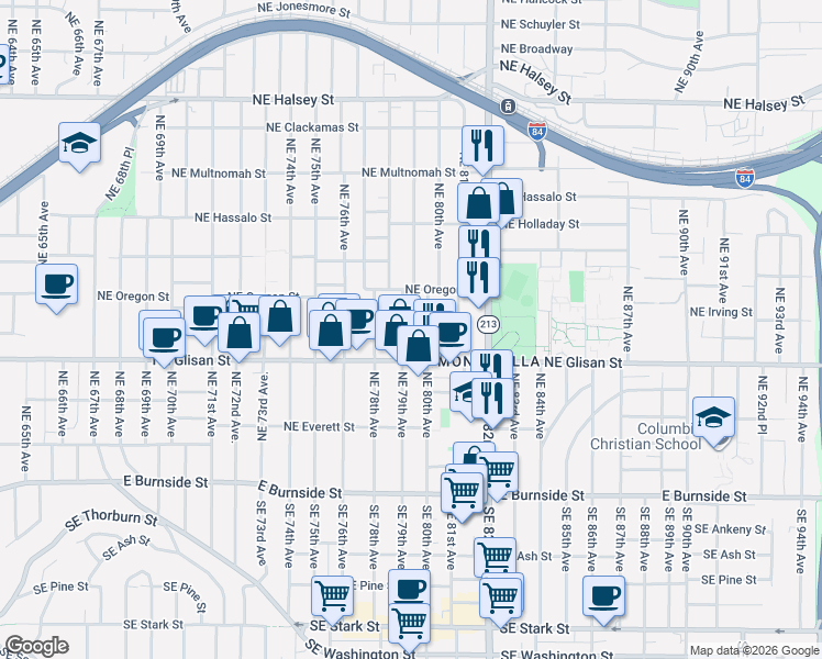 map of restaurants, bars, coffee shops, grocery stores, and more near 709 Northeast 80th Avenue in Portland
