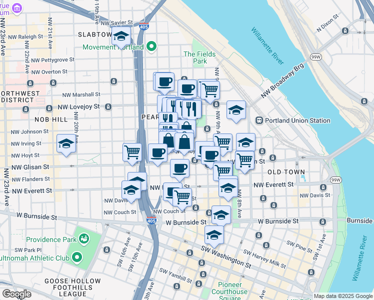 map of restaurants, bars, coffee shops, grocery stores, and more near 730 Northwest 12th Avenue in Portland