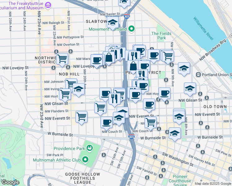 map of restaurants, bars, coffee shops, grocery stores, and more near in Portland