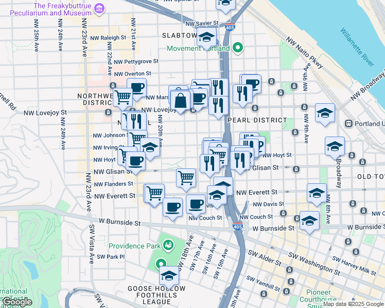 map of restaurants, bars, coffee shops, grocery stores, and more near in Portland