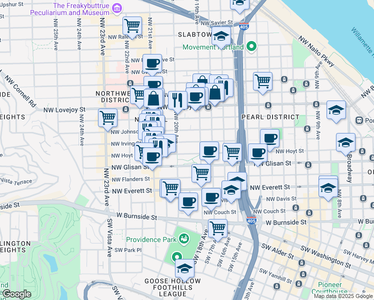 map of restaurants, bars, coffee shops, grocery stores, and more near 1929 Northwest Irving Street in Portland