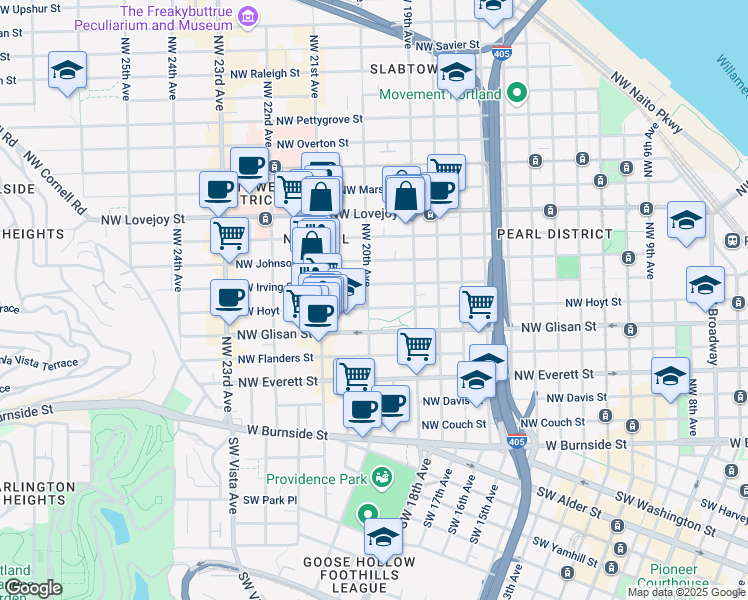 map of restaurants, bars, coffee shops, grocery stores, and more near 709 Northwest 20th Avenue in Portland