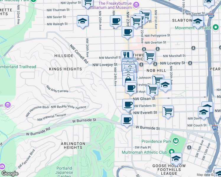 map of restaurants, bars, coffee shops, grocery stores, and more near 2438 Northwest Johnson Street in Portland