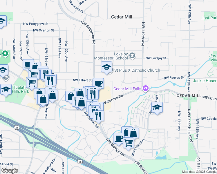 map of restaurants, bars, coffee shops, grocery stores, and more near 1260 Northwest Saltzman Road in Portland