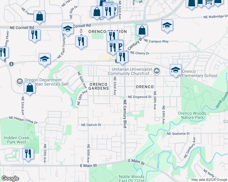 map of restaurants, bars, coffee shops, grocery stores, and more near 6353 Northeast Chestnut Street in Hillsboro