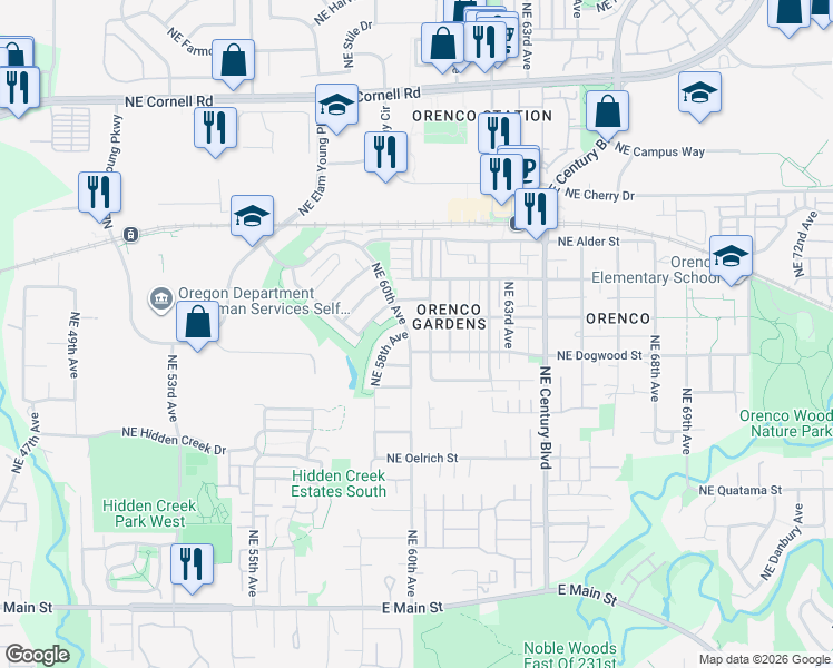 map of restaurants, bars, coffee shops, grocery stores, and more near 6053 Northeast Chestnut Street in Hillsboro