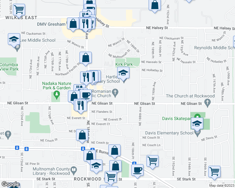 map of restaurants, bars, coffee shops, grocery stores, and more near 18435 Northeast Glisan Street in Portland