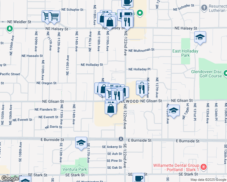 map of restaurants, bars, coffee shops, grocery stores, and more near 734 Northeast 120th Avenue in Portland