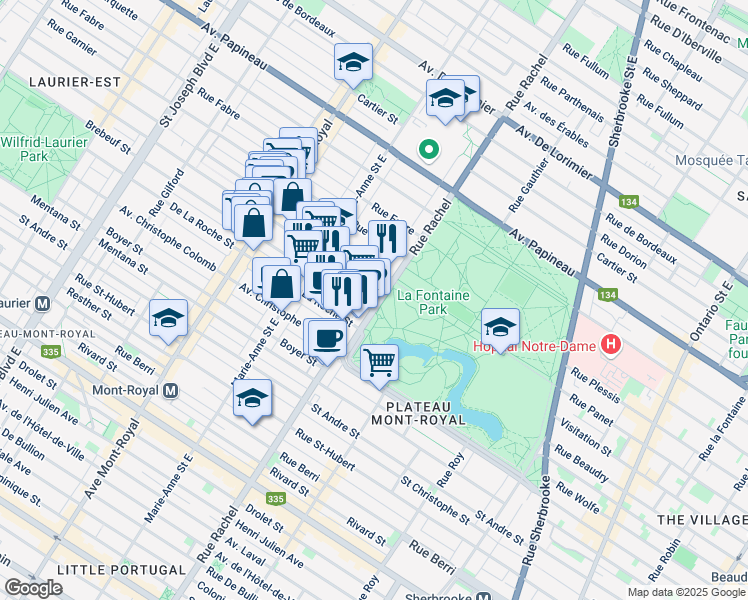map of restaurants, bars, coffee shops, grocery stores, and more near 1265 Rue Rachel Est in Montréal
