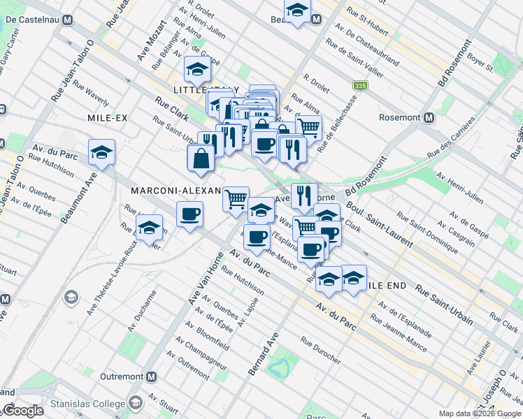 map of restaurants, bars, coffee shops, grocery stores, and more near 6138 Rue Waverly in Montréal