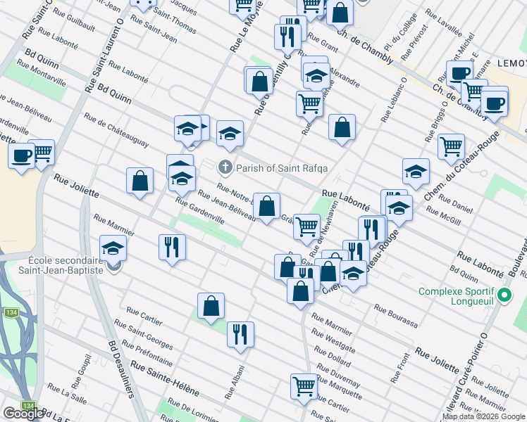 map of restaurants, bars, coffee shops, grocery stores, and more near 606 Rue Martel in Longueuil