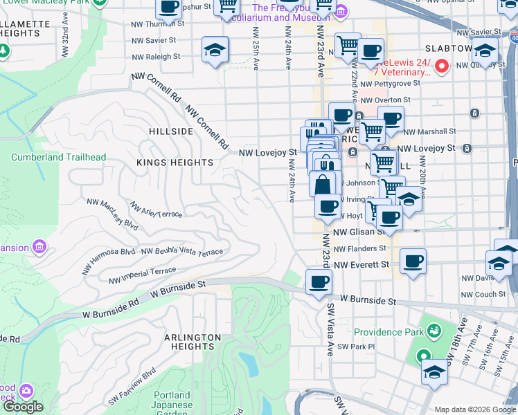 map of restaurants, bars, coffee shops, grocery stores, and more near 750 Northwest Westover Square in Portland