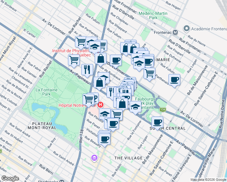map of restaurants, bars, coffee shops, grocery stores, and more near 2160 Rue Cartier in Montréal