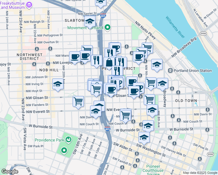 map of restaurants, bars, coffee shops, grocery stores, and more near 1400 Northwest Irving Street in Portland